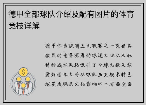 德甲全部球队介绍及配有图片的体育竞技详解
